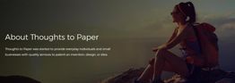 Woman sitting on a mountain at sunset, text about "Thoughts to Paper" on the left.