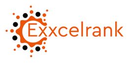 Exxcelrank logo with orange and black circular designs surrounding an orange "E".