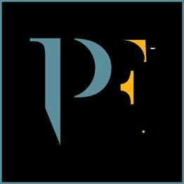 Logo con le lettere "P" e "F" in blu e arancione su sfondo nero.