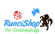 Logo von "RunciShop" mit Marienkäfer, Globus und Pferd. Text: "Ihr Onlineshop".