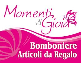 Logo rosa con testo "Momenti di Gioia", farfalla stilizzata e "Bomboniere Articoli da Regalo".
