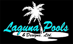 Logo of "Laguna Pools & Designs" with palm tree and island.