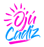 Logo colorido con texto "Ojú Cádiz" y un dibujo de sol rosa.