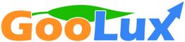Logo „GooLux“ mit einem grünen Blatt und einem blauen Pfeil nach oben als Akzent.