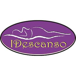 Logo púrpura con figura de línea y texto "Descanso" en amarillo.