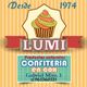 Imagen de anuncio de confitería Lumi con cupcake y detalles de contacto.