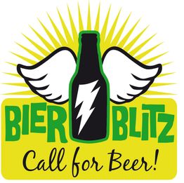 Fliegende Bierflasche mit Blitz, Text: "Bier Blitz, Call for Beer!".