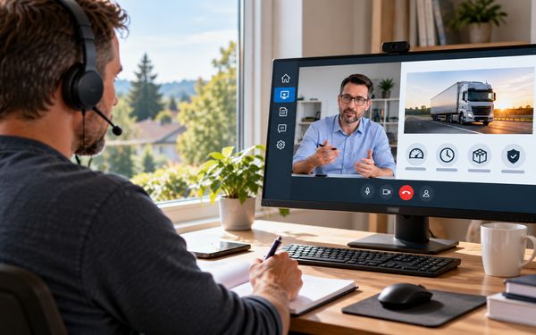 Berufskraftfahrer nimmt zu Hause am Computer an einer Online-Weiterbildung mit virtuellem Dozenten teil.