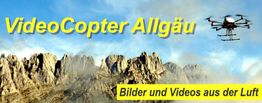 Drohne vor Bergen mit Text: "VideoCopter Allgäu - Bilder und Videos aus der Luft".