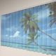 Vertikale Jalousie mit tropischem Strandmotiv und Palmen in Blau- und Türkistönen.