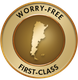 Gold badge with text "Worry-Free First-Class" and a map silhouette in the center.