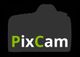 Logo mit Text "PixCam" in Grün und Weiß vor schwarzem Hintergrund mit Kamerasilhouette.