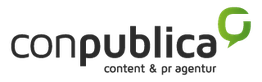 Logo der Firma "conpublica" mit grünem Sprechblasen-Symbol. Text: "content & pr agentur".