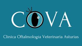 Logotipo de COVA, Clínica Oftalmología Veterinaria Asturias, fondo azul.