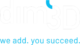 Logo mit Text "dim3D" in Weiß, darunter "we add. you succeed." in Blau auf schwarzem Hintergrund.