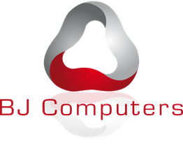 Logo for BJ Computers med rød og grå spiralform og spejlbilledeffekt.