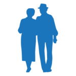 Silhouette of an elderly couple walking together, depicted in blue.