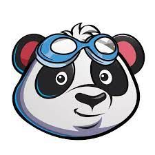Niedliches Cartoon-Panda-Gesicht mit blauer Fliegerbrille, schaut fröhlich.