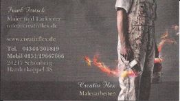 Visitenkarte eines Malers mit Farbroller, Kontaktinfo und Flammeneffekt am unteren Rand.