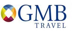 Logotipo de GMB Travel con emblema colorido a la izquierda y texto en azul a la derecha.