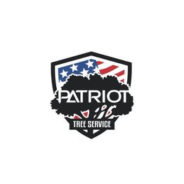 Patriot Tree Service logo with tree silhouette and American flag shield.