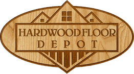 Wooden sign with "Hardwood Floor Depot" text and house roof outlines.