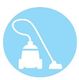 White vacuum icon on a blue circle background.