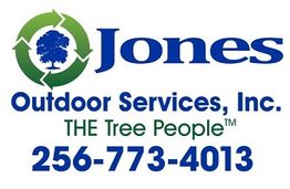 Jones Outdoor Services, Inc. logo with tree symbol and phone number: 256-773-4013.