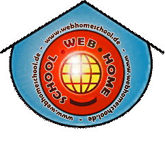Logo einer Website mit Weltkugel, umgeben von "Web Home School" und URL: www.webhomeschool.de.
