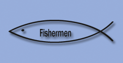 Skizze eines Fisches mit dem Wort "Fishermen" in der Mitte auf hellblauem Hintergrund.