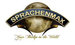 Logo mit Schriftzug "SPRACHENMAX" über einer Weltkugel, darunter "Your Bridge to the World".
