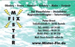 Visitenkarte von Mister Fix, einem Dienstleister und Desinfektor. Kontaktdaten und Webadresse.