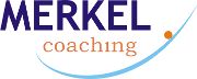 "Logo mit Text 'Merkel Coaching', blaue und orange Schrift mit schwungvoller blauer Linie."
