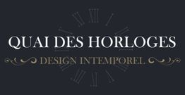 Texte "Quai des Horloges, Design Intemporel" sur fond sombre avec chiffres romains.