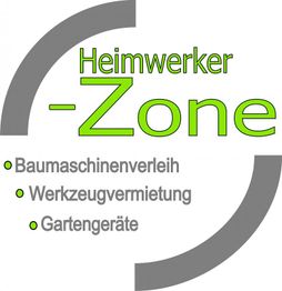 Logo mit Text: Heimwerker-Zone, Baumaschinenverleih, Werkzeugvermietung, Gartengeräte.