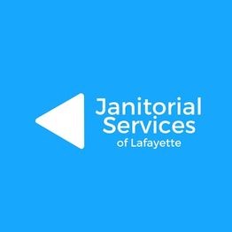 Blue logo with a white triangle and text: "Janitorial Services of Lafayette."