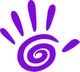 Spirale viola stilizzata a forma di mano con cinque dita su sfondo bianco.
