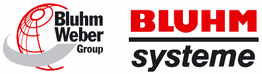 Logos der Bluhm Weber Group und BLUHM Systeme mit rotem Globus und Schriftzug.