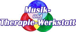 Logo mit Text "Musik- und Therapie-Werkstatt" vor farbigen Kreisen im Hintergrund.