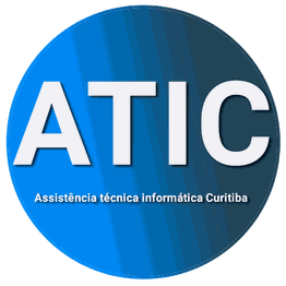 Logotipo redondo azul com "ATIC" em branco e "Assistência técnica informática Curitiba" abaixo.