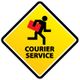 Gelbes Schild mit Symbol für Kurierdienst: Eine Figur läuft mit einem roten Paket.