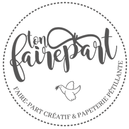 Logo circulaire "Ton Faire Part" avec un dessin de colombe et texte artistique.