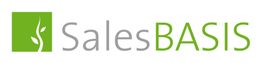 Logo mit grünem Quadrat mit Pflanze und Text "SalesBASIS" in Grau und Grün.