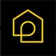 Gelbes geometrisches Linienlogo auf schwarzem Hintergrund, das ein Haus mit integriertem P darstellt.