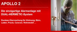 Einbrecher öffnet Fenster, Text bewirbt APOLLO 2 Alarmanlage mit DUAL-HERMETIC-System.