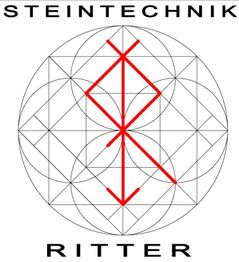 Logo mit geometrischem Muster in Schwarz und Rot, Text "Steintechnik Ritter".
