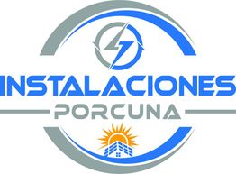 Logotipo de Instalaciones Porcuna con un rayo y un edificio bajo el sol.
