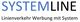 SYSTEMLINE-Logo: Linienverkehr Werbung mit System in blauer und schwarzer Schrift.