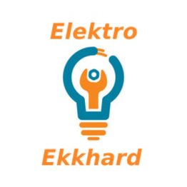 Logo mit Glühbirne und Schraubenschlüssel, orange und blau, Text: "Elektro Ekkhard".