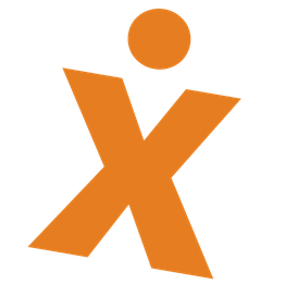 Orangefarbenes stilisiertes "X" mit Punkt darüber auf weißem Hintergrund.